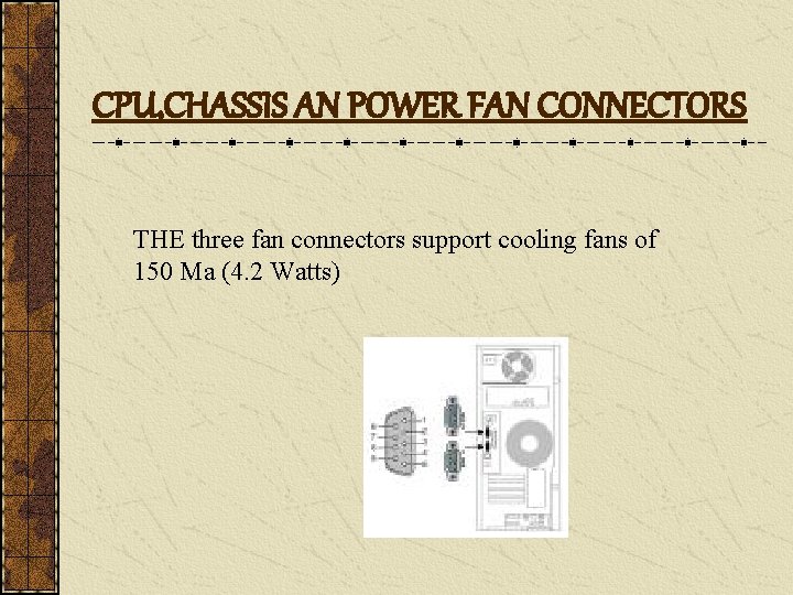 CPU, CHASSIS AN POWER FAN CONNECTORS THE three fan connectors support cooling fans of
