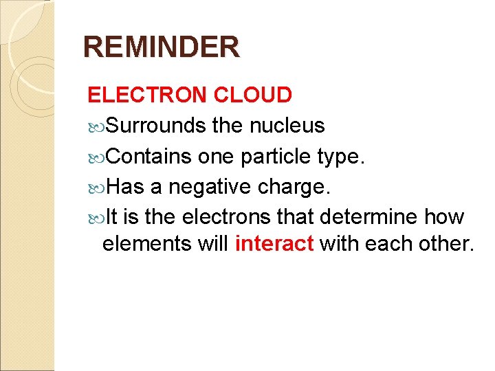 REMINDER ELECTRON CLOUD Surrounds the nucleus Contains one particle type. Has a negative charge.