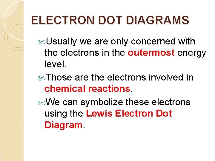 ELECTRON DOT DIAGRAMS Usually we are only concerned with the electrons in the outermost