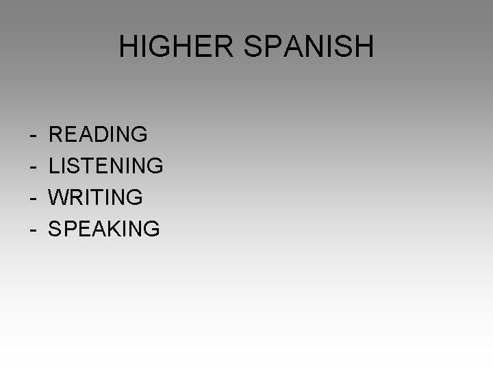 HIGHER SPANISH - READING LISTENING WRITING SPEAKING 