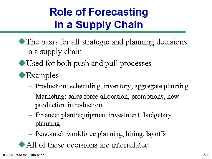 Role of Forecasting in a Supply Chain u. The basis for all strategic and