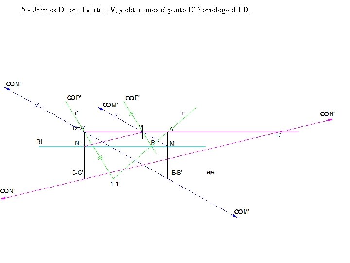 5. - Unimos D con el vértice V, y obtenemos el punto D’ homólogo