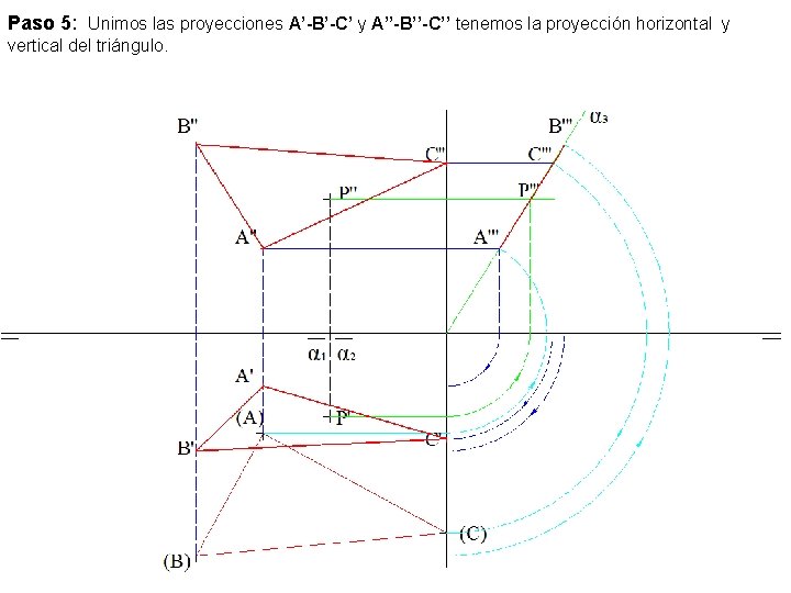 Paso 5: Unimos las proyecciones A’-B’-C’ y A’’-B’’-C’’ tenemos la proyección horizontal y vertical