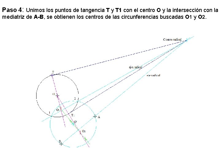 Paso 4: Unimos los puntos de tangencia T y T 1 con el centro