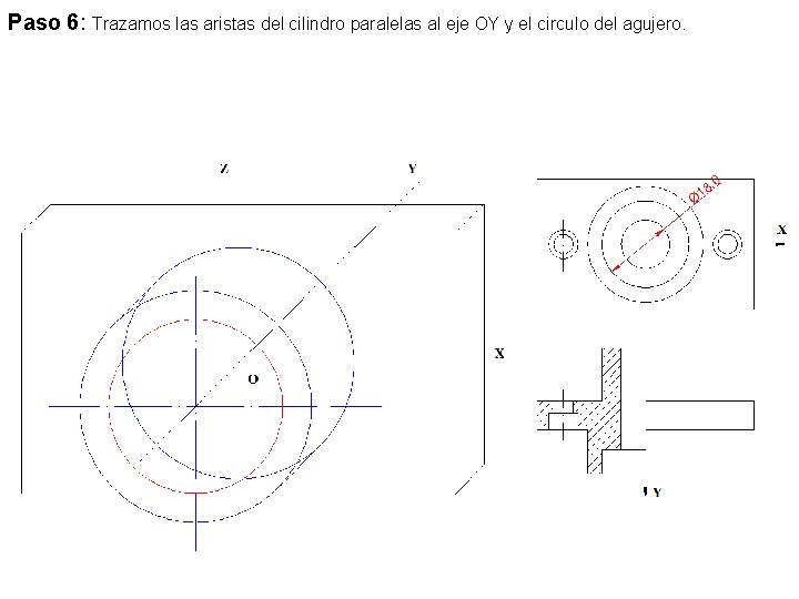 Paso 6: Trazamos las aristas del cilindro paralelas al eje OY y el circulo