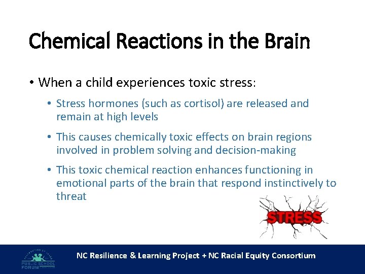 Chemical Reactions in the Brain • When a child experiences toxic stress: • Stress