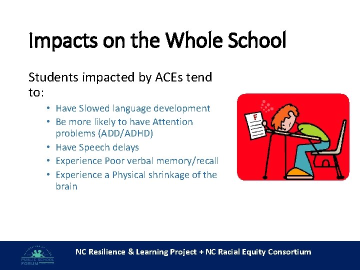 Impacts on the Whole School Students impacted by ACEs tend to: • Have Slowed