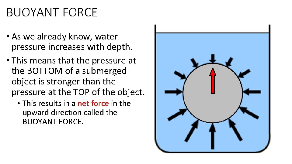 BUOYANT FORCE • As we already know, water pressure increases with depth. • This