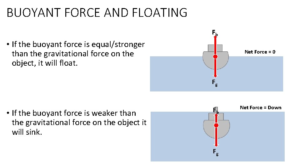 BUOYANT FORCE AND FLOATING • If the buoyant force is equal/stronger than the gravitational