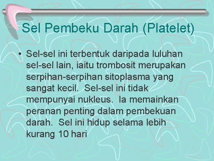 Sel Pembeku Darah (Platelet) • Sel-sel ini terbentuk daripada luluhan sel-sel lain, iaitu trombosit Sel Pembeku Darah (Platelet) • Sel-sel ini terbentuk daripada luluhan sel-sel lain, iaitu trombosit