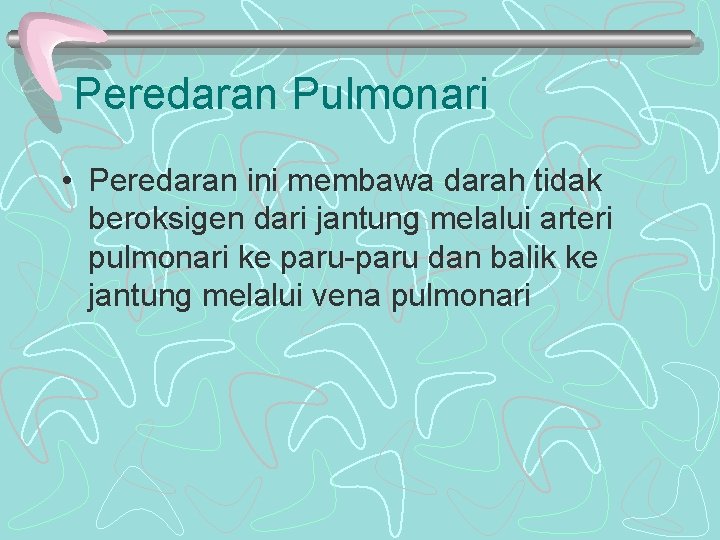 Peredaran Pulmonari • Peredaran ini membawa darah tidak beroksigen dari jantung melalui arteri pulmonari Peredaran Pulmonari • Peredaran ini membawa darah tidak beroksigen dari jantung melalui arteri pulmonari