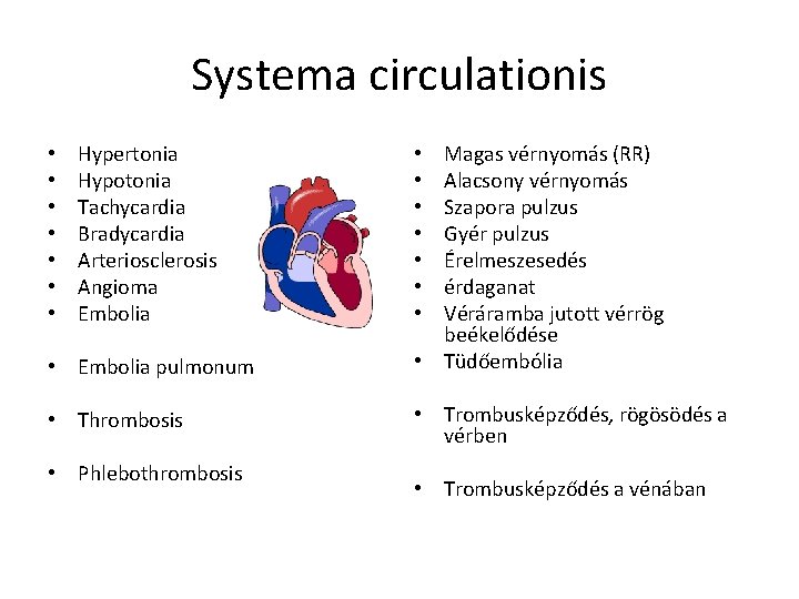 Systema circulationis • • Hypertonia Hypotonia Tachycardia Bradycardia Arteriosclerosis Angioma Embolia • Embolia pulmonum