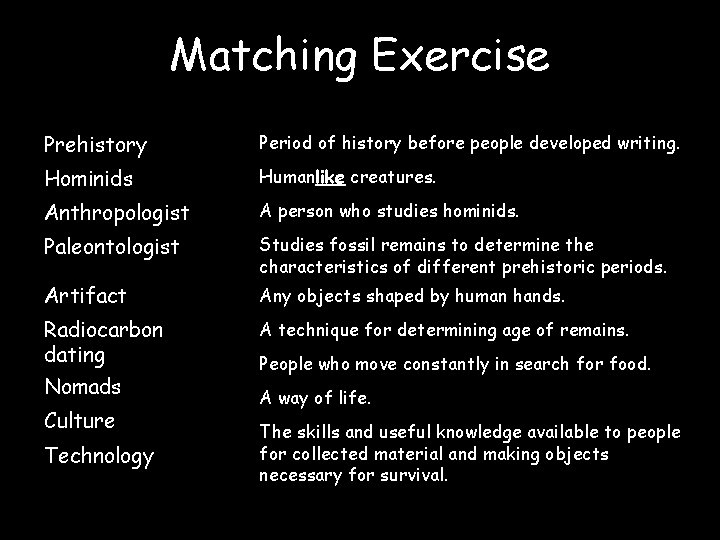 Matching Exercise Prehistory Period of history before people developed writing. Hominids Humanlike creatures. Anthropologist