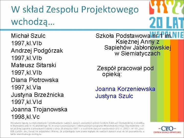 W skład Zespołu Projektowego wchodzą… Michał Szulc 1997, kl. VIb Andrzej Podgórzak 1997, kl.