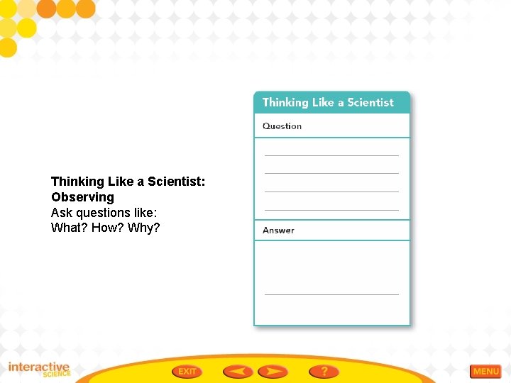 Thinking Like a Scientist: Observing Ask questions like: What? How? Why? 