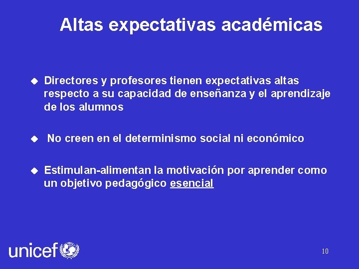 Altas expectativas académicas u u u Directores y profesores tienen expectativas altas respecto a