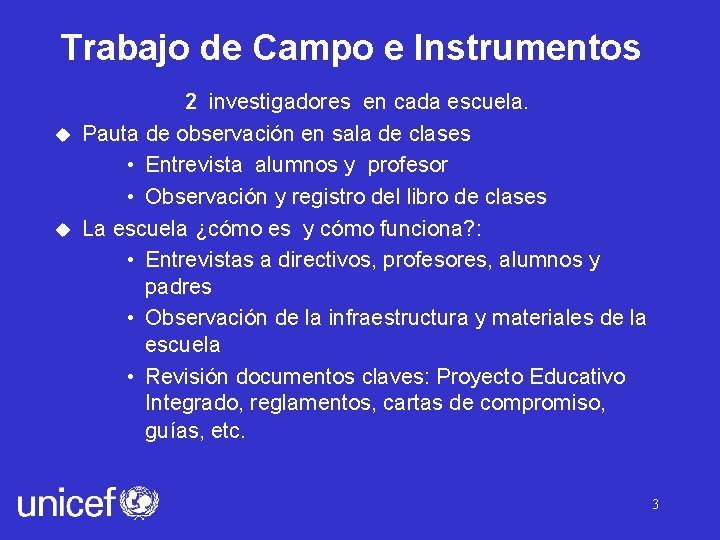 Trabajo de Campo e Instrumentos u u 2 investigadores en cada escuela. Pauta de