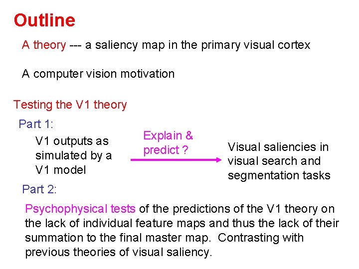 Outline A theory --- a saliency map in the primary visual cortex A computer