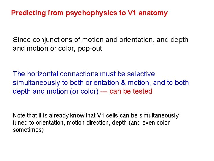 Predicting from psychophysics to V 1 anatomy Since conjunctions of motion and orientation, and