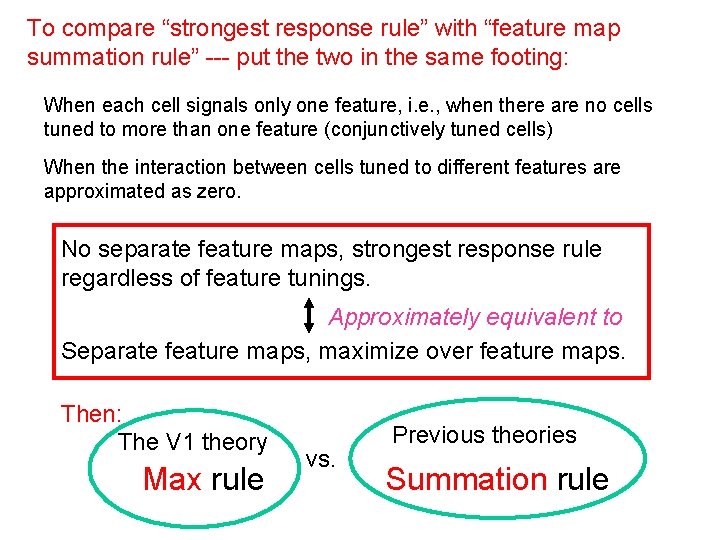 To compare “strongest response rule” with “feature map summation rule” --- put the two