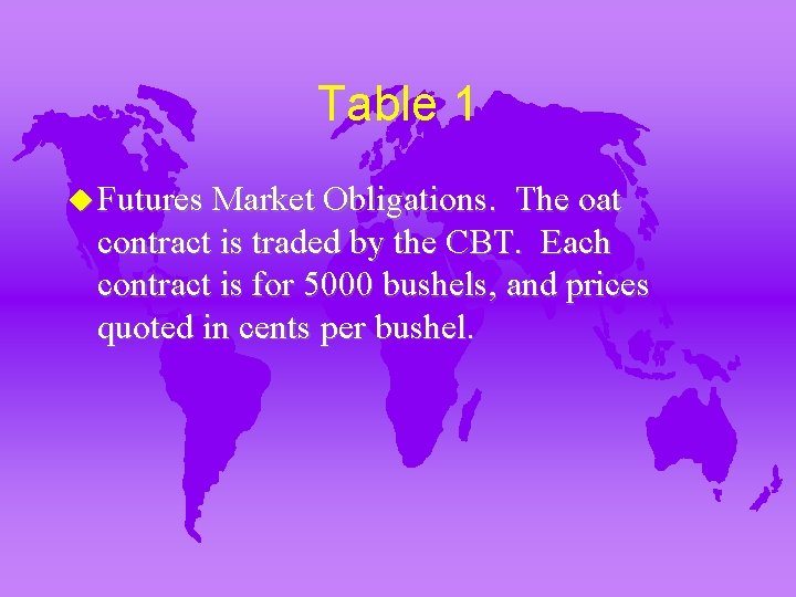Table 1 u Futures Market Obligations. The oat contract is traded by the CBT.