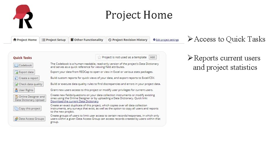 Project Home ØAccess to Quick Tasks ØReports current users and project statistics 