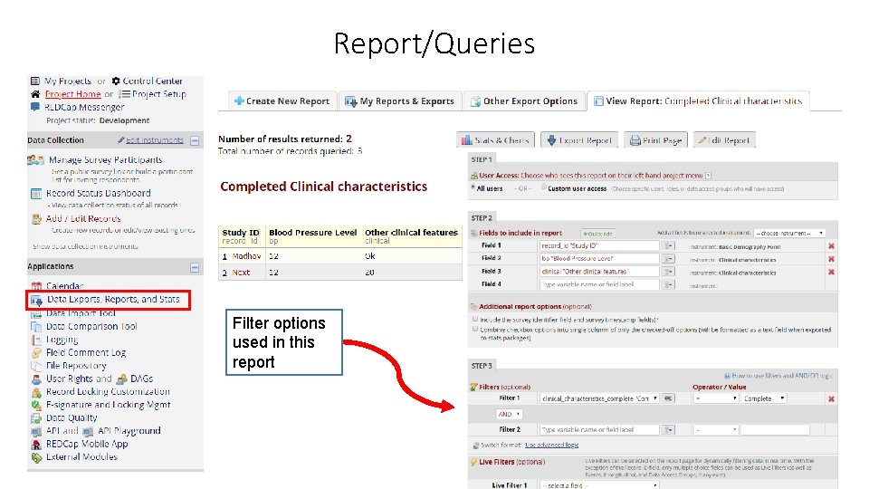 Report/Queries Filter options used in this report 