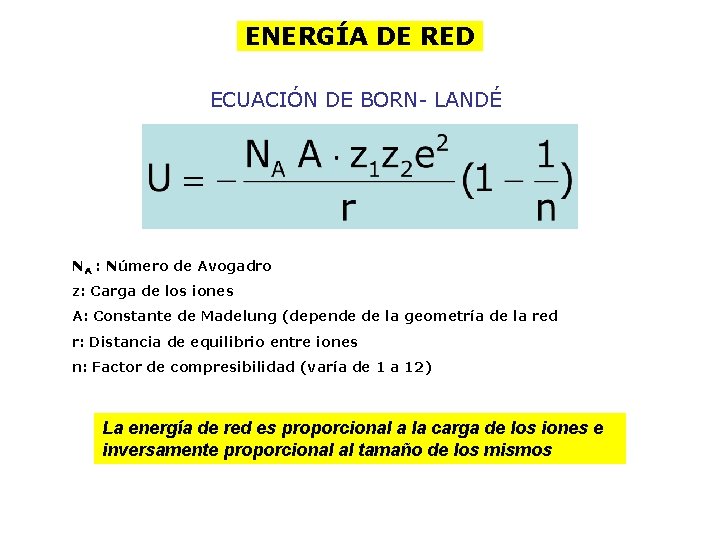 ENERGÍA DE RED ECUACIÓN DE BORN- LANDÉ NA : Número de Avogadro z: Carga