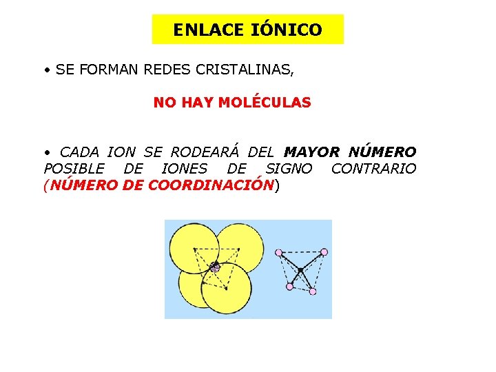 ENLACE IÓNICO • SE FORMAN REDES CRISTALINAS, NO HAY MOLÉCULAS • CADA ION SE