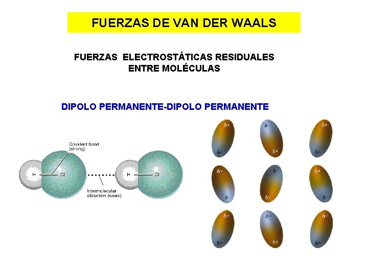 FUERZAS DE VAN DER WAALS FUERZAS ELECTROSTÁTICAS RESIDUALES ENTRE MOLÉCULAS DIPOLO PERMANENTE-DIPOLO PERMANENTE 