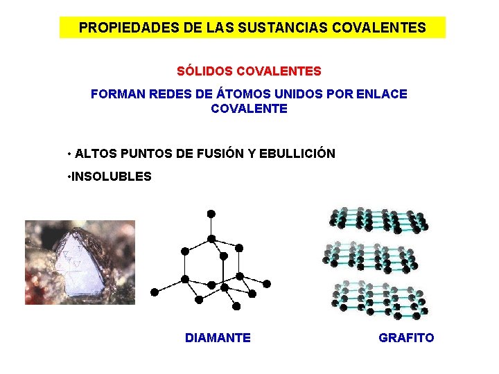 PROPIEDADES DE LAS SUSTANCIAS COVALENTES SÓLIDOS COVALENTES FORMAN REDES DE ÁTOMOS UNIDOS POR ENLACE
