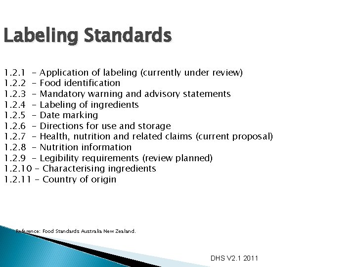 Labeling Standards 1. 2. 1 - Application of labeling (currently under review) 1. 2.