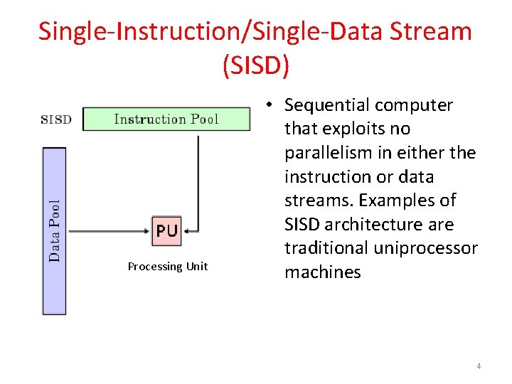 Single-Instruction/Single-Data Stream (SISD) Processing Unit • Sequential computer that exploits no parallelism in either