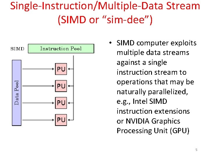 Single-Instruction/Multiple-Data Stream (SIMD or “sim-dee”) • SIMD computer exploits multiple data streams against a