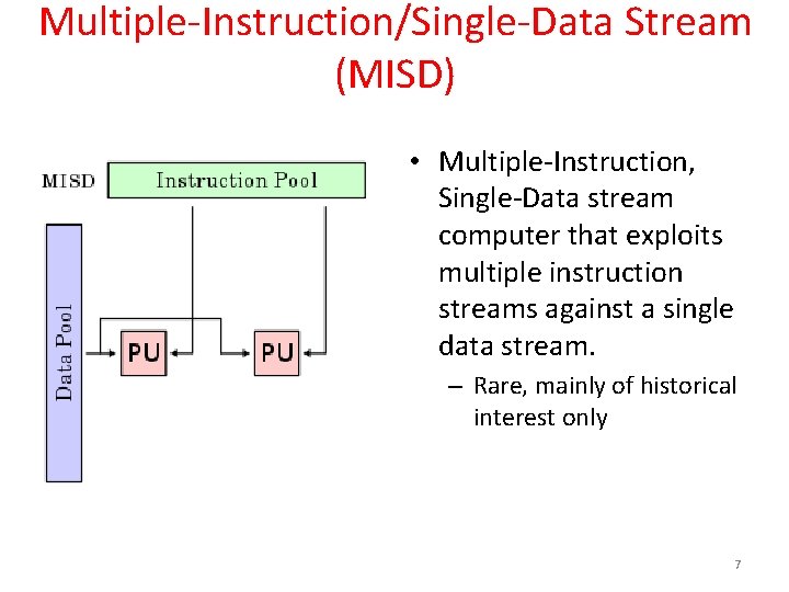 Multiple-Instruction/Single-Data Stream (MISD) • Multiple-Instruction, Single-Data stream computer that exploits multiple instruction streams against