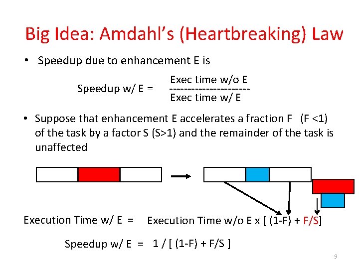 Big Idea: Amdahl’s (Heartbreaking) Law • Speedup due to enhancement E is Speedup w/