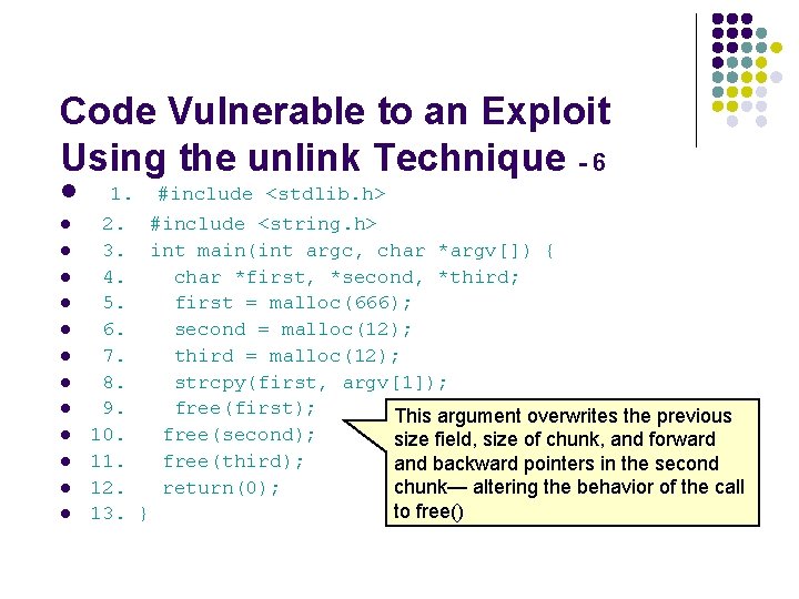 Code Vulnerable to an Exploit Using the unlink Technique - 6 l 1. #include