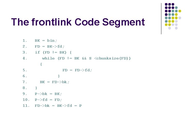 The frontlink Code Segment 1. BK = bin; 2. FD = BK->fd; 3. if