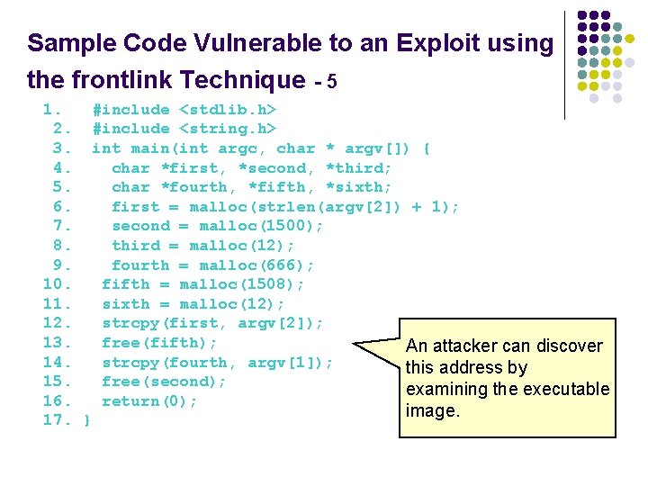 Sample Code Vulnerable to an Exploit using the frontlink Technique - 5 1. #include