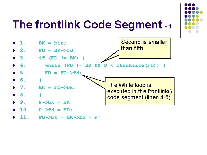 The frontlink Code Segment - 1 l l l Second is smaller 1. BK