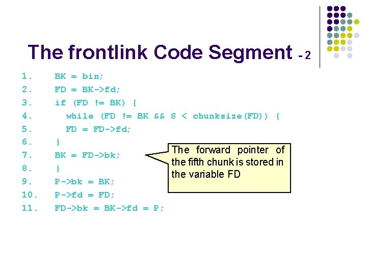 The frontlink Code Segment - 2 1. BK = bin; 2. FD = BK->fd;
