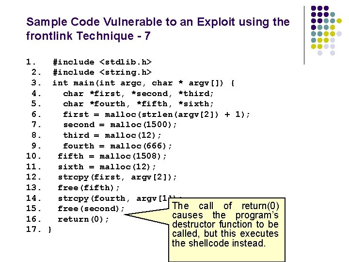 Sample Code Vulnerable to an Exploit using the frontlink Technique - 7 1. #include