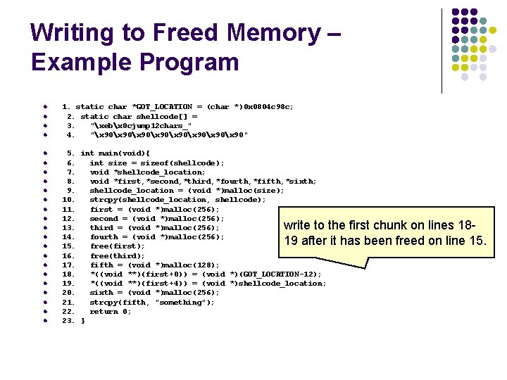 Writing to Freed Memory – Example Program l l l l l l 1.