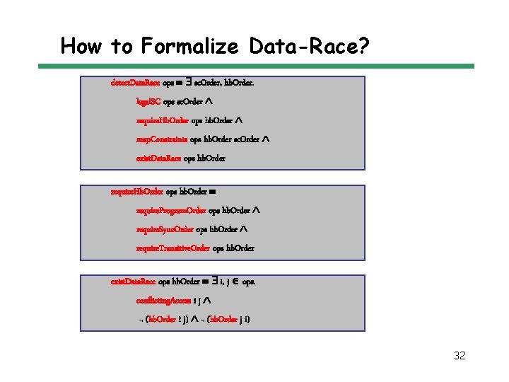 How to Formalize Data-Race? detect. Data. Race ops sc. Order, hb. Order. legal. SC