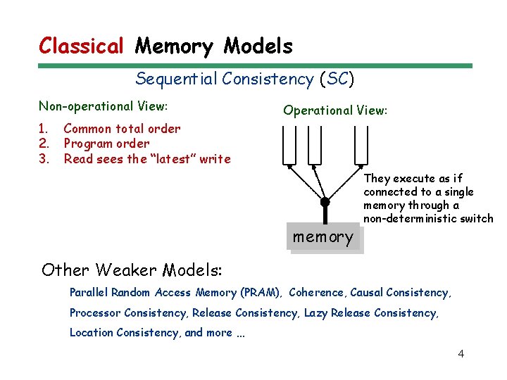 Classical Memory Models Sequential Consistency (SC) Non-operational View: 1. 2. 3. Operational View: Common