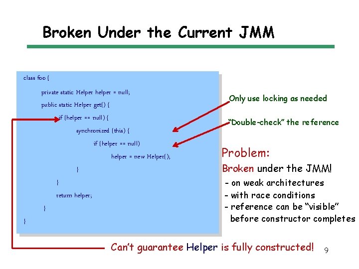 Broken Under the Current JMM class foo { private static Helper helper = null;