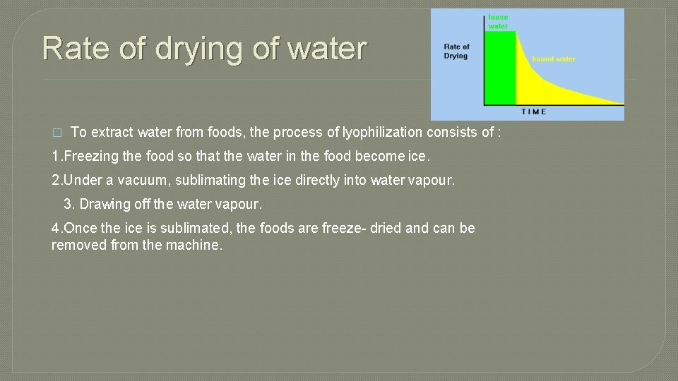 Rate of drying of water � To extract water from foods, the process of