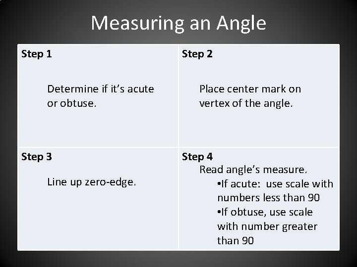 Measuring an Angle Step 1 Determine if it’s acute or obtuse. Step 3 Line