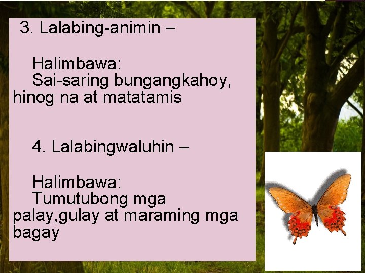  3. Lalabing-animin – Halimbawa: Sai-saring bungangkahoy, hinog na at matatamis 4. Lalabingwaluhin –