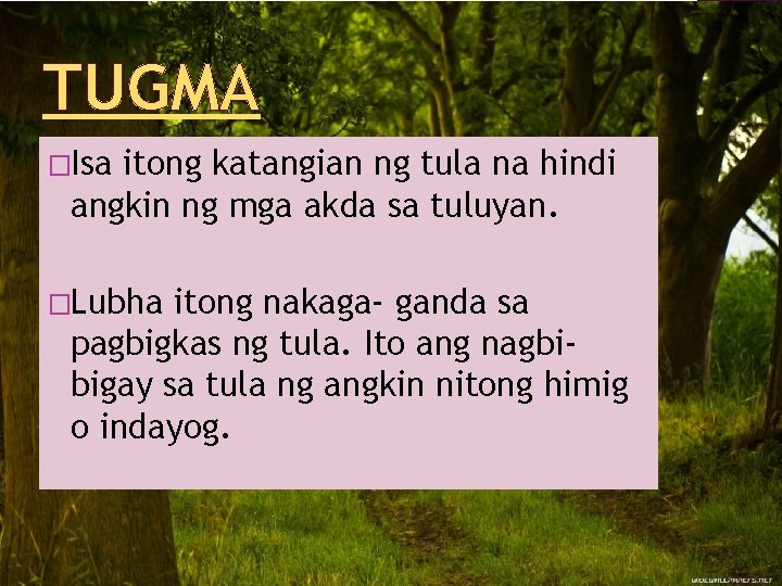 TUGMA �Isa itong katangian ng tula na hindi angkin ng mga akda sa tuluyan.